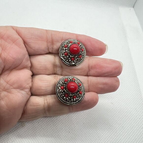 Vintage Austria Clip-On Earrings Silver Tone Dome Red Stone Cabochons - Picture 4 of 6